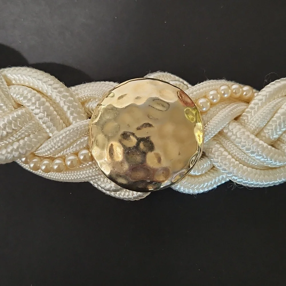 Vintage Elegant Ivory Hammered Gold Satin Braided Belt With Pearl Detail Large
